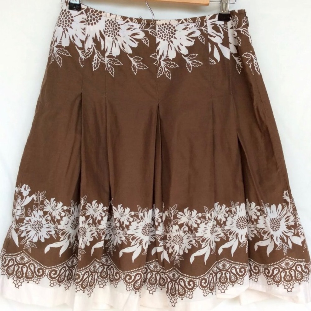 CUTE Ann Taylor LOFT 4P Cotton Cocoa Brown/Ivory Floral Border Skirt‎